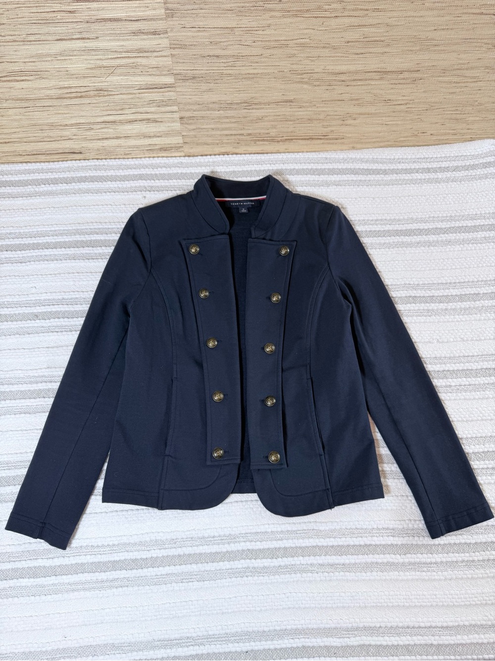 Tommy Hilfiger Military Band Jacket Navy Stand Collar Knit Blazer Gold Buttons M - Picture 7 of 15